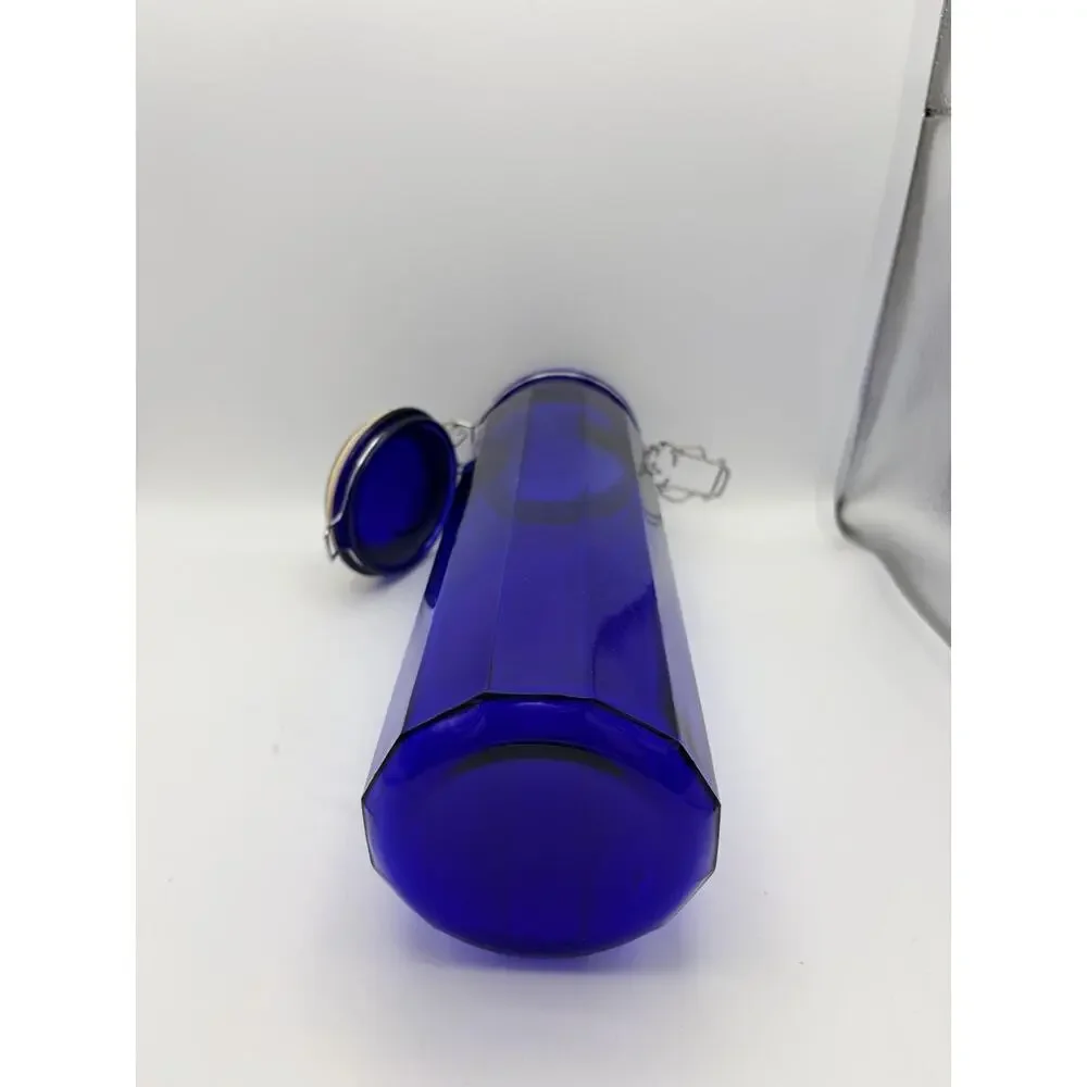 Vintage 13” Canister Jar Cobalt Blue Glass 12 Panel Wire Bale Lid